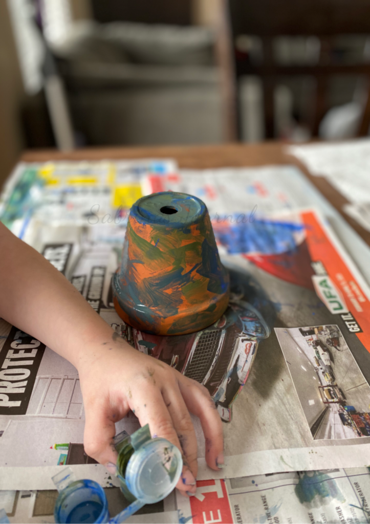 Blueish Green painted terracotta pot