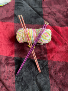 Skien of yarn with 2 sets of knitting needles. 